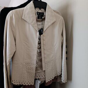 NWT Women's Leather Jacket Laser Cut Design in Neutral Bone